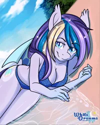 Size: 3087x3865 | Tagged: suggestive, artist:xwhitedreamsx, derpibooru import, oc, oc:moonlight waves, unofficial characters only, anthro, bat pony, anthro oc, beach, bikini, breasts, cleavage, clothes, cloud, commission, female, sky, slit eyes, smiling, swimsuit, water