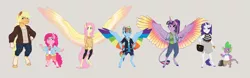 Size: 10132x3158 | Tagged: safe, artist:earthsong9405, deleted from derpibooru, derpibooru import, applejack, fluttershy, pinkie pie, rainbow dash, rarity, spike, twilight sparkle, twilight sparkle (alicorn), alicorn, anthro, classical unicorn, dragon, earth pony, pegasus, unguligrade anthro, unicorn, absurd resolution, chest fluff, clothes, cloven hooves, colored hooves, colored wings, colored wingtips, female, gray background, large wings, leonine tail, line-up, male, mane seven, mane six, mare, multicolored wings, rainbow wings, scar, simple background, size difference, smol, spread wings, unshorn fetlocks, wing claws, wings