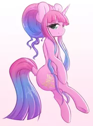 Size: 1280x1733 | Tagged: safe, artist:fluffymaiden, derpibooru import, oc, oc:sugar lace, unofficial characters only, pony, semi-anthro, unicorn, dock, female, gradient background, gradient mane, looking at you, mare, simple background, smiling, solo, white background