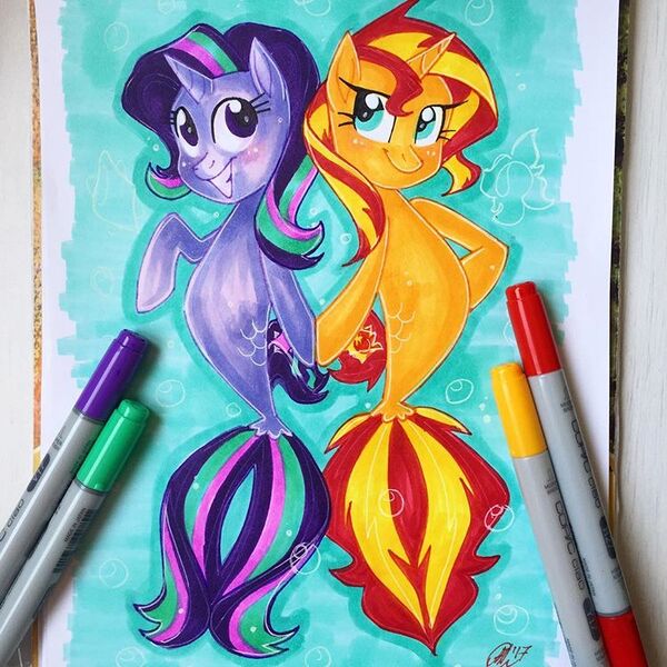 Size: 750x750 | Tagged: artist:antych, derpibooru import, instagram, marker drawing, markers, my little pony: the movie, not fiery shimmer, safe, seaponified, seapony (g4), seapony starlight glimmer, seapony sunset, species swap, starlight glimmer, sunset shimmer, traditional art