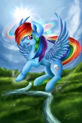 Size: 2000x3000 | Tagged: safe, artist:bizonekx33, derpibooru import, rainbow dash, pegasus, pony, backwards cutie mark, female, mare, open mouth, scenery, signature, solo