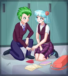 Size: 4058x4527 | Tagged: safe, artist:thebrokencog, derpibooru import, coco pommel, spike, equestria girls, absurd resolution, backpack, blushing, book, clothes, cocobetes, cocospike, commission, crack shipping, crystal prep academy uniform, cute, duo, female, flower, flower in hair, heart, high heels, human coloration, lockers, male, necktie, pants, pleated skirt, school, school uniform, shipping, shoes, skirt, skirt pull, socks, spikabetes, straight
