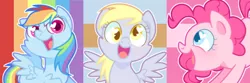 Size: 1050x350 | Tagged: safe, artist:yokokinawa, derpibooru import, derpy hooves, pinkie pie, rainbow dash, pegasus, pony, cute, dashabetes, derpabetes, diapinkes, female, heart eyes, looking at you, mare, open mouth, smiling, trio, wingding eyes