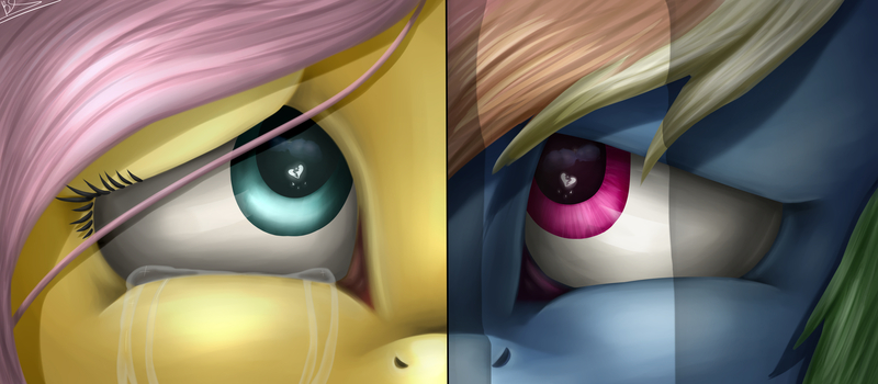 Size: 6500x2843 | Tagged: safe, artist:neutisshow, derpibooru import, fluttershy, rainbow dash, pony, the count of monte rainbow, absurd resolution, crying, edmond dantes, everyday a little death, mercedes, rainbow dantes, shycedes, split screen, the count of monte cristo