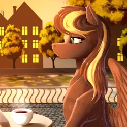 Size: 2000x2000 | Tagged: safe, artist:twotail813, derpibooru import, oc, unofficial characters only, pegasus, pony, bust, evening, female, fluffy, food, mare, profile, rcf community, river, scenery, solo, tea, town