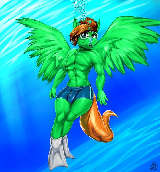 Size: 2024x2174 | Tagged: alternate version, anthro, anthro oc, aquaphilia, artist:byondrage, bubble, commission, crotch bulge, derpibooru import, erection, fetish, flippers, free diving, goggles, male, no text edit, oc, oc:delta hooves, pegasus, questionable, solo, solo male, stallion, underwater, unofficial characters only