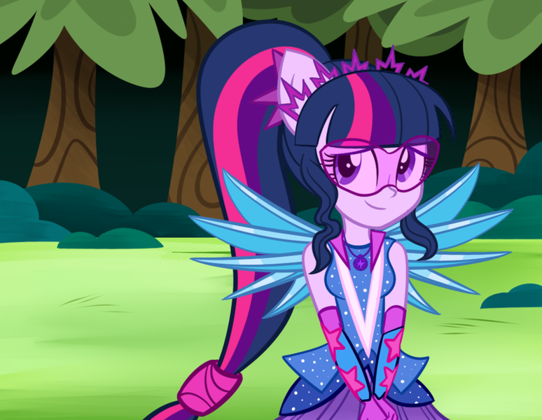 Size: 980x760 | Tagged: safe, artist:wubcakeva, derpibooru import, sci-twi, twilight sparkle, equestria girls, legend of everfree, clothes, crystal guardian, crystal wings, cute, dress, female, glasses, ponied up, ponytail, scitwilicorn, solo, super ponied up, tree, twiabetes, visor, wings