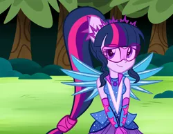 Size: 980x760 | Tagged: safe, artist:wubcakeva, derpibooru import, sci-twi, twilight sparkle, equestria girls, legend of everfree, clothes, crystal guardian, crystal wings, cute, dress, female, glasses, ponied up, ponytail, scitwilicorn, solo, super ponied up, tree, twiabetes, visor, wings