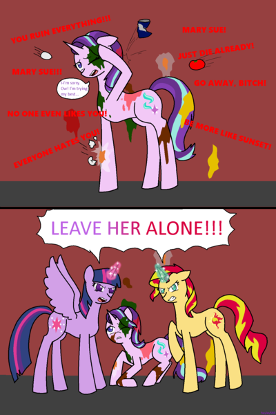 Size: 1280x1920 | Tagged: semi-grimdark, artist:hayley566, derpibooru import, starlight glimmer, sunset shimmer, twilight sparkle, twilight sparkle (alicorn), alicorn, pony, abuse, drama, friendship, glimmerbuse, in defense of starlight, metadrama, mouthpiece, starlight drama, starlight drama drama