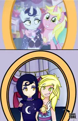Size: 387x600 | Tagged: artist:caoscore, canterlot boutique, clothes, cute, derpibooru import, dress, human, humanized, moonlight raven, over the moon, safe, scene interpretation, sisters, sunshine smiles, tripping the light