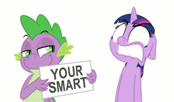 Size: 818x480 | Tagged: safe, artist:zutheskunk, derpibooru import, spike, twilight sparkle, dragon, pony, unicorn, angry, animated, duo, eyebrow wiggle, female, floppy ears, funny, funny as hell, gif, grammar error, grammar nazi, lip bite, mare, misspelling of you're, pure unfiltered evil, red eyes, red eyes take warning, shaking, shrunken pupils, simple background, smiling, smirk, smug, text, this will end in pain, this will end in pain and/or death, triggered, trolling, vibrating, white background, you're
