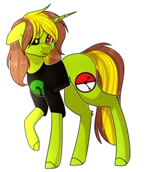 Size: 1165x1367 | Tagged: safe, artist:ohhoneybee, derpibooru import, oc, oc:zuzi, unofficial characters only, pony, unicorn, black sclera, clothes, female, heterochromia, mare, raised hoof, shirt, simple background, solo, transparent background