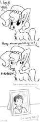 Size: 1280x3840 | Tagged: safe, artist:dsp2003, artist:tjpones, derpibooru import, edit, oc, oc:brownie bun, oc:richard, unofficial characters only, earth pony, human, pony, horse wife, bandaid, blushing, comic, cute, framed picture, male, monochrome, offscreen character, richard with hair, simple background, sketch, white background