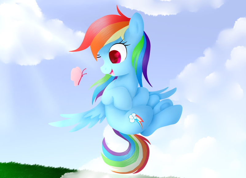 Size: 3262x2369 | Tagged: safe, artist:pinkcloudhugger, derpibooru import, rainbow dash, butterfly, pony, colored pupils, cute, dashabetes, flying, happy, open mouth, underhoof