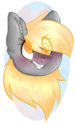 Size: 233x381 | Tagged: safe, artist:pegasusponysister, artist:pinkcloudhugger, derpibooru import, derpy hooves, pegasus, pony, abstract background, blushing, bust, colored pupils, disembodied head, ear fluff, head, portrait, smiling, solo