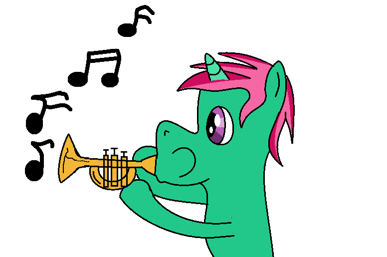 Size: 776x515 | Tagged: safe, artist:amateur-draw, derpibooru import, oc, oc:belle boue, unofficial characters only, pony, unicorn, ms paint, music notes, musical instrument, simple background, trumpet, white background