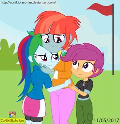 Size: 1157x1197 | Tagged: safe, artist:conikiblasu-fan, derpibooru import, rainbow dash, scootaloo, windy whistles, equestria girls, clothes, equestria girls-ified, flag, hug, mother and daughter