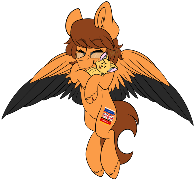 Size: 3976x3692 | Tagged: safe, artist:hellishprogrammer, derpibooru import, oc, oc:vilen white, unofficial characters only, cat, pegasus, pony, colored wings, eyes closed, female, glasses, high res, mare, multicolored wings, plushie, simple background, solo, transparent background