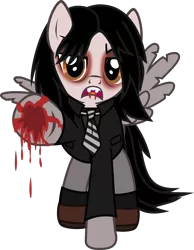 Size: 1195x1537 | Tagged: semi-grimdark, artist:lightningbolt, derpibooru import, ponified, pegasus, pony, .svg available, bags under eyes, blood, broken wing, clothes, dripping, dripping blood, emo, eyeshadow, fangs, gerard way, looking at you, makeup, male, my chemical romance, necktie, raised hoof, shoes, simple background, socks, solo, stallion, standing, suit, svg, tattered, transparent background, vector