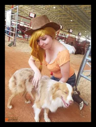 Size: 1728x2304 | Tagged: applejack, artist:krazykari, border collie, cattle, clothes, cosplay, costume, derpibooru import, dog, human, irl, irl human, photo, safe, winona