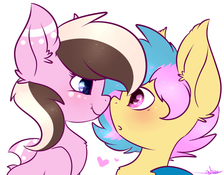 Size: 2430x1896 | Tagged: safe, artist:ashee, derpibooru import, oc, oc:ashee, oc:phyra, unofficial characters only, bat pony, original species, shark pony, blushing, boop, fangs, noseboop