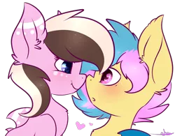 Size: 2430x1896 | Tagged: safe, artist:ashee, derpibooru import, oc, oc:ashee, oc:phyra, unofficial characters only, bat pony, original species, shark pony, blushing, boop, fangs, noseboop