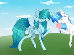 Size: 4000x3000 | Tagged: safe, artist:pinkcloudhugger, derpibooru import, oc, oc:candy cloud, oc:seiko, unofficial characters only, alicorn, pegasus, pony, alicorn oc, eyes closed, grass