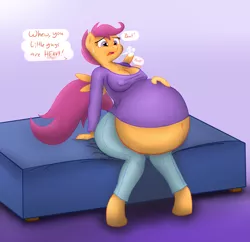 Size: 2527x2449 | Tagged: anthro, artist:evan555alpha, artist:funble, bed, belly, belly button, breasts, cleavage, clothes, colored, color edit, derpibooru import, dialogue, edit, erect nipples, exhausted, female, hyper, hyper pregnancy, impossibly large belly, jeans, nipple outline, older, pants, pegasus, pregnant, pregnant scootaloo, scootaloo, shirt, simple background, solo, solo female, suggestive, t-shirt, unguligrade anthro