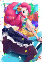 Size: 908x1324 | Tagged: artist:chigusa, ass, balloonbutt, big breasts, breasts, busty pinkie pie, clothes, curvy, derpibooru import, dress, female, flower, flower in hair, huge breasts, human, humanized, pantyhose, pinkie pie, sexy, skirt, solo, stupid sexy pinkie, suggestive, upskirt