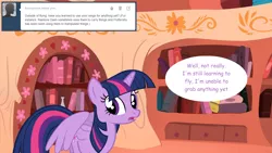 Size: 1280x720 | Tagged: safe, artist:hakunohamikage, derpibooru import, twilight sparkle, twilight sparkle (alicorn), alicorn, pony, ask-princesssparkle, ask, golden oaks library, solo, tumblr, wings