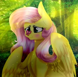 Size: 926x913 | Tagged: safe, artist:angellightyt, artist:namichee, derpibooru import, fluttershy, butterfly, pony, blushing, bust, collaboration, crepuscular rays, cross-eyed, cute, forest, insect on nose, looking at something, nature, shyabetes, spread wings, sunlight, wings