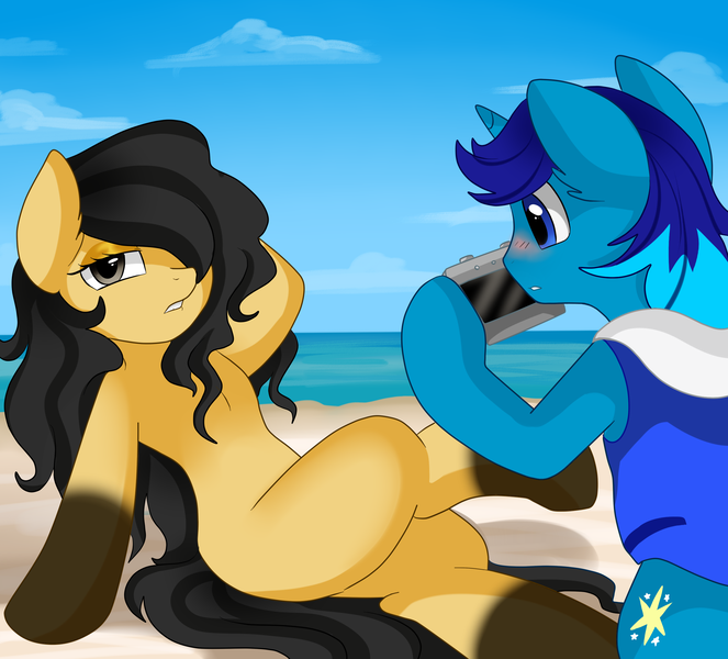 Size: 2445x2212 | Tagged: safe, artist:pridark, derpibooru import, oc, oc:light shine, oc:terra, unofficial characters only, earth pony, pony, unicorn, beach, blushing, commission, duo, female, hair over one eye, male, mare, oc x oc, pose, shipping, stallion, sultry pose, terright