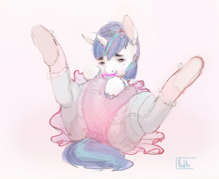 Size: 1200x980 | Tagged: questionable, artist:wob, derpibooru import, shining armor, pony, adult foal, clothes, creepy, creepy eyes, crossdressing, diaper, diaper fetish, dress, femboy, fetish, image, jpeg, pacifier, shining femboy armor, sissy, stockings, thigh highs, uncanny valley