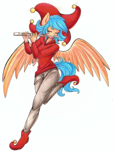 Size: 900x1204 | Tagged: anthro, anthro oc, artist:bunnywhiskerz, derpibooru import, eyes closed, female, flute, jester, musical instrument, oc, plantigrade anthro, safe, simple background, solo, spread wings, unofficial characters only, white background, wings