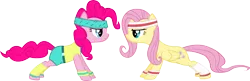 Size: 6224x2023 | Tagged: safe, artist:ironm17, derpibooru import, fluttershy, pinkie pie, pony, absurd resolution, clothes, headband, leg warmers, push-ups, shorts, simple background, sweatband, tanktop, transparent background, vector, workout, workout outfit