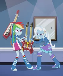 Size: 558x674 | Tagged: safe, derpibooru import, screencap, rainbow dash, trixie, equestria girls, guitar centered, rainbow rocks, angry, boots, bracelet, clothes, compression shorts, cropped, double neck guitar, electric guitar, guitar, high heel boots, hoodie, jacket, jewelry, keytar, musical instrument, skirt, socks, wristband