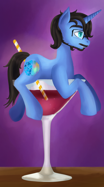 Size: 945x1697 | Tagged: safe, artist:evescintilla, derpibooru import, oc, oc:will o the wisp, unofficial characters only, pony, unicorn, alcohol, beard, cocktail pony, cup, cup of pony, drink, facial hair, glass, glasses, male, micro, moustache, simple background, sitting, smiling, stallion, wine, wine glass