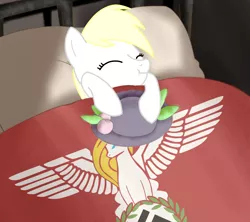 Size: 1200x1067 | Tagged: safe, artist:anonymous, derpibooru import, oc, oc:aryanne, unofficial characters only, earth pony, pony, /mlpol/, bed, female, hat, mare, nazi, pillow, reichsalicorn, scrunchy face, sleeping, swastika