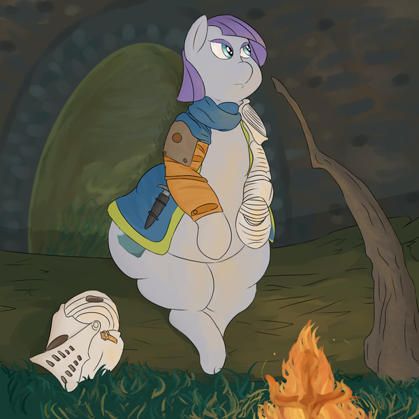 Size: 2500x2500 | Tagged: safe, artist:lupin quill, derpibooru import, maud pie, earth pony, pony, armor, belly, bonfire, chubby, crossover, dark souls, fat, female, fire, mare, maud pudge, sitting, solo, thunder thighs, video game crossover, weapon