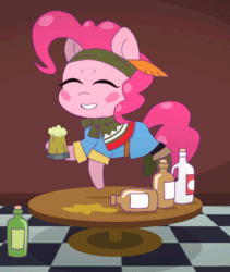 Size: 500x593 | Tagged: safe, artist:omegaozone, derpibooru import, pinkie pie, earth pony, pony, animated, clothes, cute, dancing, diapinkes, drunk, drunkie pie, eyes closed, frame by frame, gif, loop, perfect loop, roleponies, solo, table, tavern