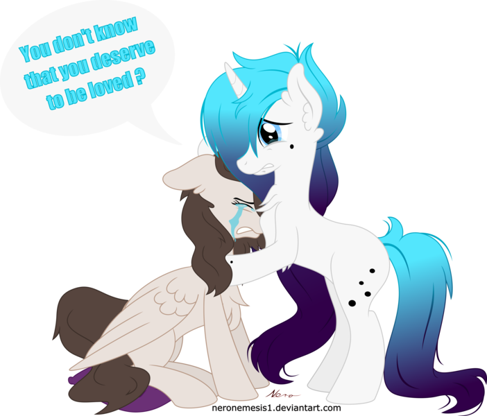 Size: 4461x3815 | Tagged: safe, artist:neronemesis1, derpibooru import, oc, oc:patty, oc:sydney, unofficial characters only, pegasus, pony, unicorn, absurd resolution, crying, female, high res, male, mare, simple background, stallion, transparent background