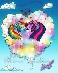 Size: 952x1200 | Tagged: safe, artist:shikimaakemi, derpibooru import, rainbow dash, twilight sparkle, twilight sparkle (alicorn), alicorn, pegasus, pony, chubbie, cloud, cute, female, heart, lesbian, mare, my little squishy, obtrusive watermark, shipping, sky, twidash, watermark