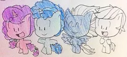Size: 623x282 | Tagged: safe, derpibooru import, double diamond, night glider, party favor, sugar belle, pony, equal four, traditional art