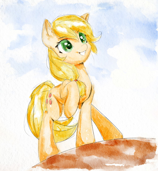 Size: 829x897 | Tagged: safe, artist:mirroredsea, derpibooru import, applejack, earth pony, pony, blonde, cute, female, green eyes, grin, happy, hatless, jackabetes, mare, missing accessory, raised hoof, smiling, solo, traditional art, watercolor painting