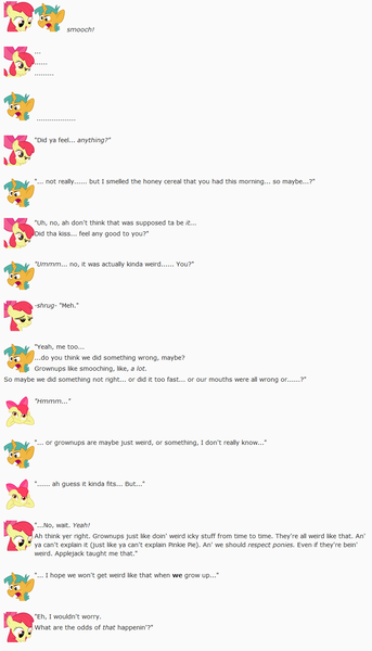 Size: 855x1496 | Tagged: apple bloom, artist:dziadek1990, conversation, cute, derpibooru import, dialogue, emotes, emote story, female, friendshipping, kissing, male, reddit, safe, shipping, slice of life, snailbloom, snails, straight, text