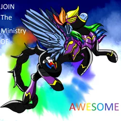 Size: 1024x1024 | Tagged: safe, artist:brainiac, derpibooru import, rainbow dash, pegasus, pony, fallout equestria, fanfic, abstract background, armor, clothes, cloud, costume, enclave armor, fanfic art, female, floppy ears, hooves, mare, ministry mares, ministry of awesome, power armor, scorpion tail, shadowbolt armor, shadowbolt dash, shadowbolts, shadowbolts costume, shadowbolts power armor, solo, sonic rainboom, text, wings