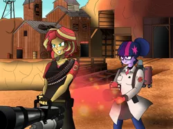 Size: 4000x2982 | Tagged: safe, artist:missmayaleanne, derpibooru import, sci-twi, sunset shimmer, twilight sparkle, equestria girls, crossover, dustbowl, evil grin, grin, healing, heavy weapons guy, implied lesbian, implied scitwishimmer, implied shipping, implied sunsetsparkle, medic, medigun, minigun, scenery, smiling, team fortress 2, twi medic