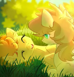 Size: 1225x1275 | Tagged: safe, artist:lakanakana, derpibooru import, braeburn, spitfire, pony, female, grass, male, on back, prone, shipping, spitburn, straight