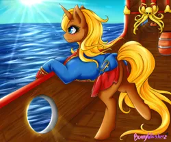 Size: 1200x1000 | Tagged: safe, artist:bunnywhiskerz, derpibooru import, oc, oc:belle de mer, unofficial characters only, pony, shark, unicorn, barrel, blue eyes, clothes, commission, female, mare, ocean, pirate, ship, smiling, solo, sunlight, sunrise, water