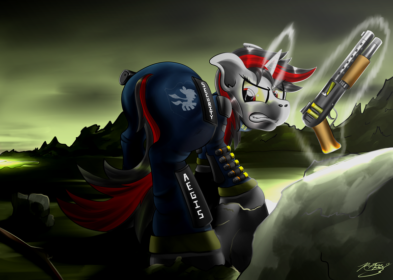 Size: 4200x3000 | Tagged: safe, artist:raptorpwn3, derpibooru import, oc, oc:blackjack, unofficial characters only, pony, unicorn, fallout equestria, fallout equestria: project horizons, fanfic, absurd resolution, armor, clothes, covering, fanfic art, female, glowing horn, gritted teeth, gun, hooves, horn, levitation, magic, mare, pipbuck, security armor, signature, solo, telekinesis, vault security armor, vault suit, wasteland, weapon